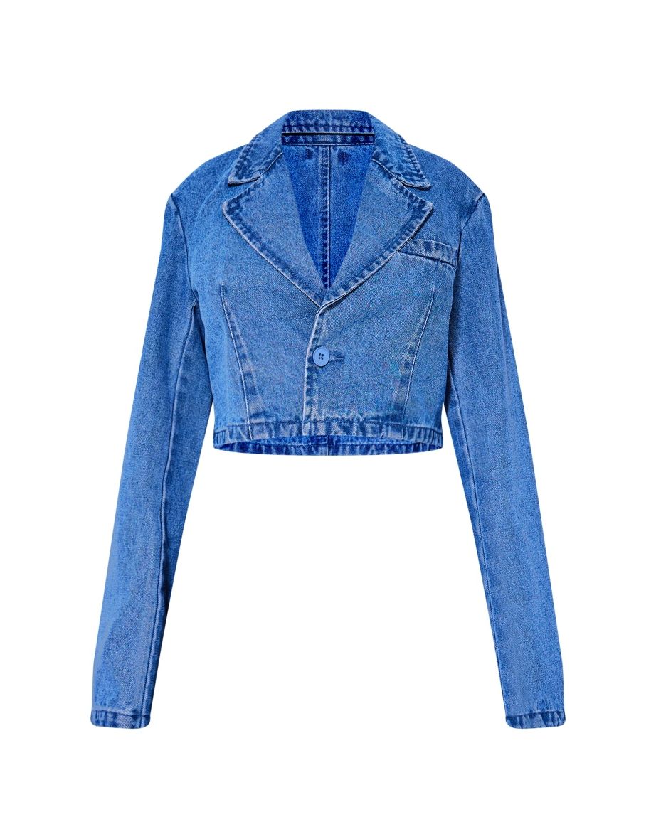 Petite Blue Cropped Denim Blazer - 4