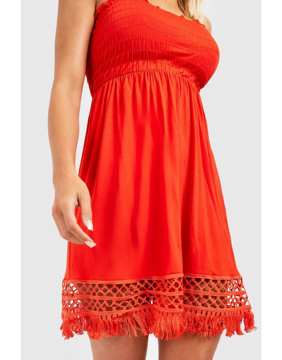 Crochet Tassel Hem Bandeau Beach Mini Dress - red orange - 3