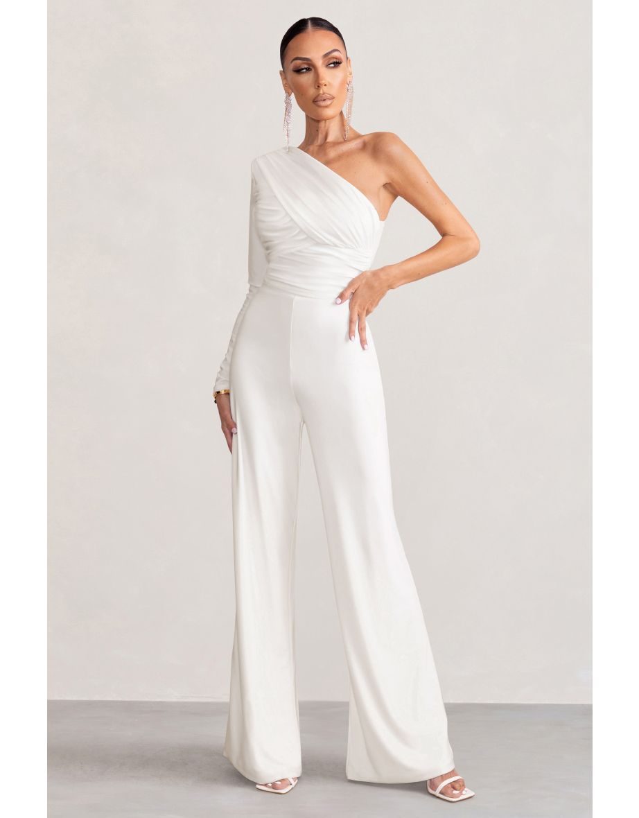 Mila | White One Shoulder Ruched Wide Leg Jumpsuit