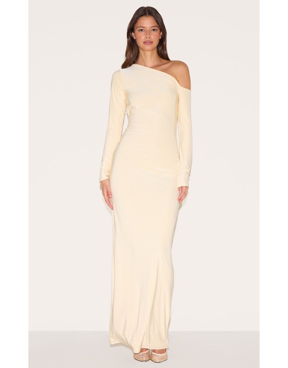 Butter Yellow Double Slinky Asymmetric Neckline Maxi Dress