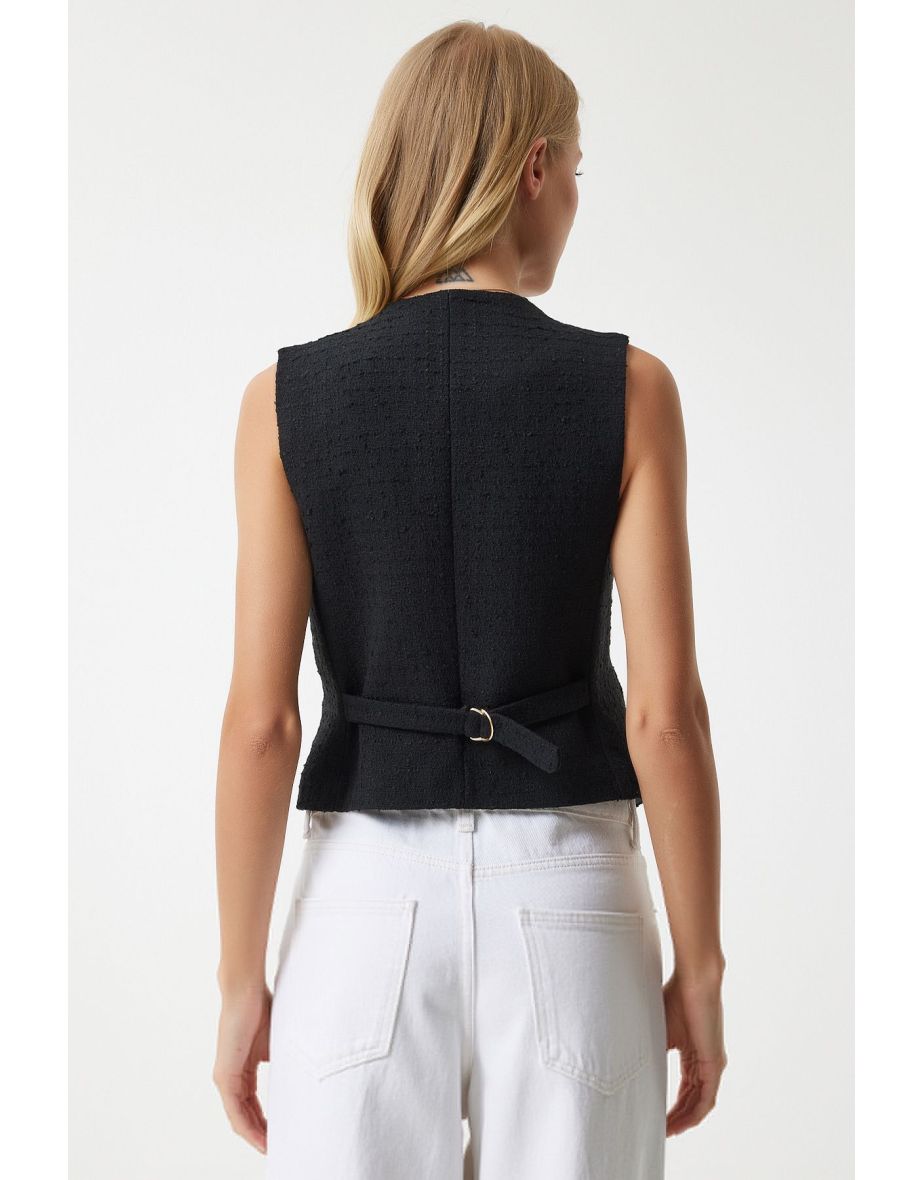 Women's Black Metal Button Detailed Tweed Waistcoat - 4