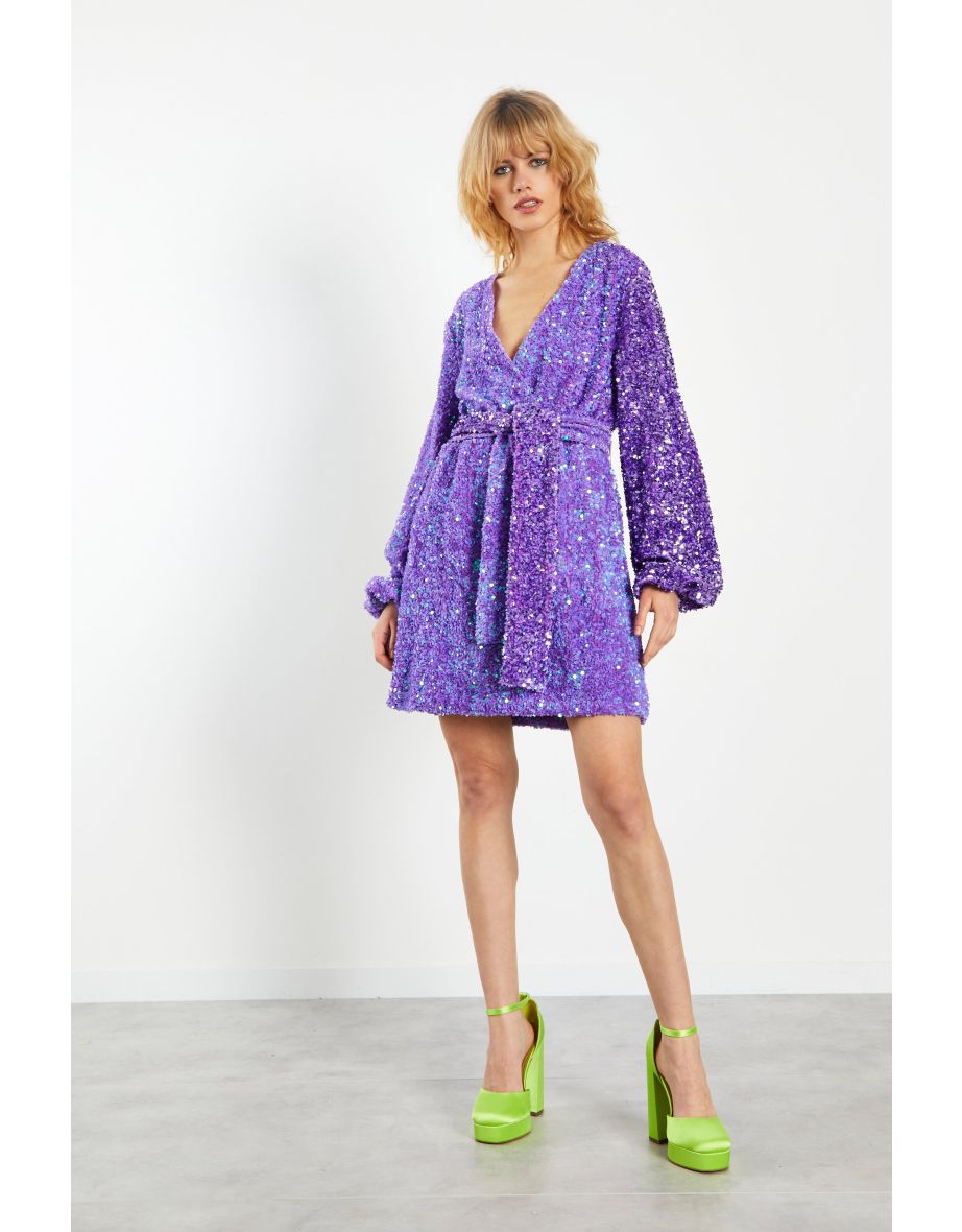 Glamorous Purple Sequin Tie Waist Wrap Mini Dress