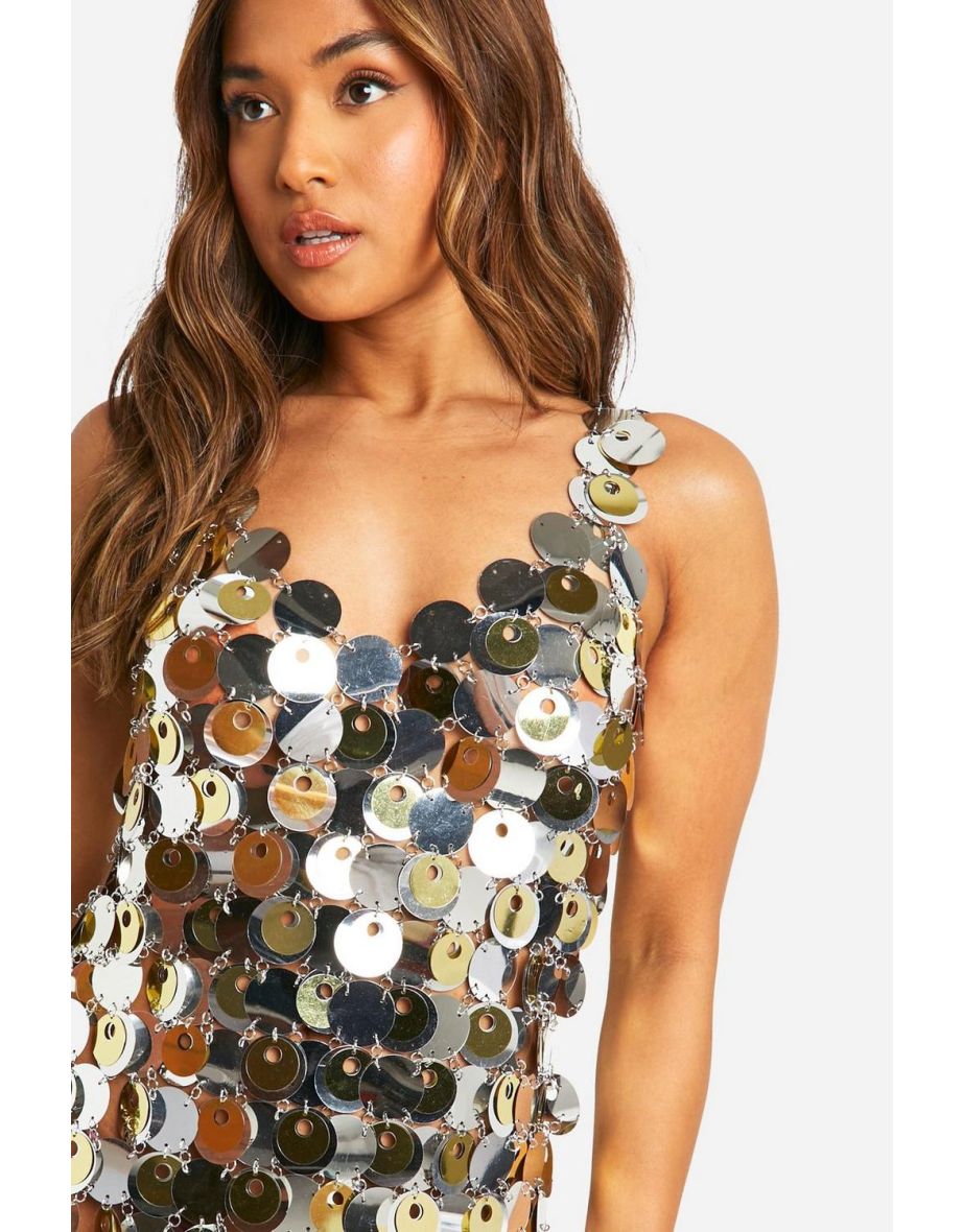 Petite Two Tone Disc Sequin Mini Dress - silver - 3