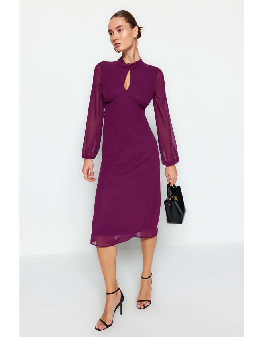 Purple Chiffon Column Midi Shift Dress with Long Sleeves
