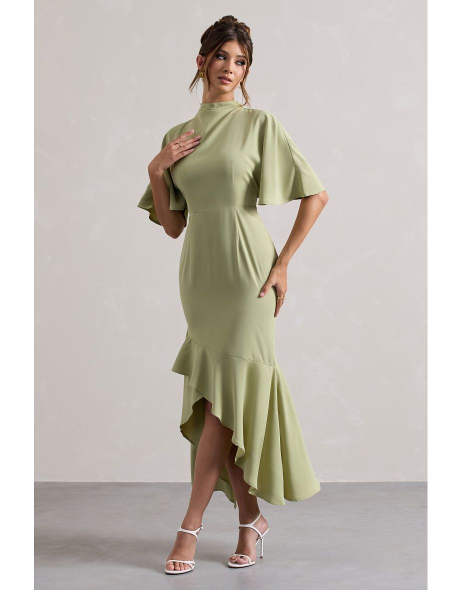Lavinia | Sage High-Neck Flutter-Sleeve Asymmetric Maxi Dress - 4