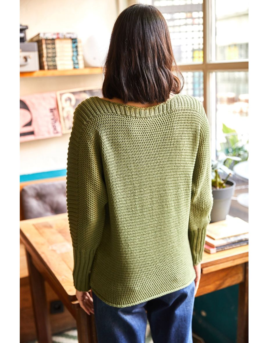 Women's Light Khaki Sleeve Detailed Honeycomb Knitted Sweater - 4
