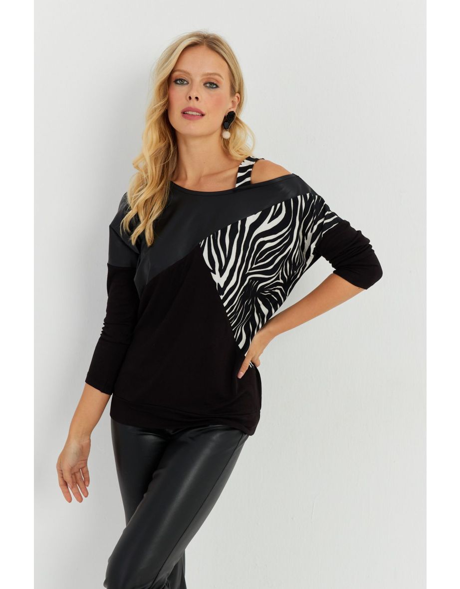 Women's Black Faux Leather Block Blouse