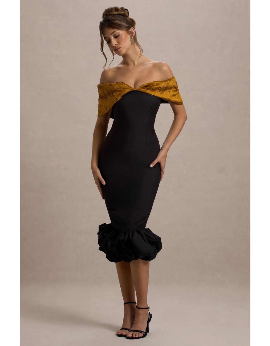 Despina | Black Bardot Midi Dress With Ruffle Hem