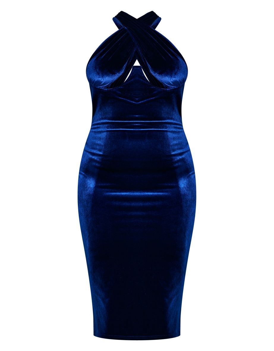 Plus Navy Velvet Underwired Cross Front Midi Dress - 4