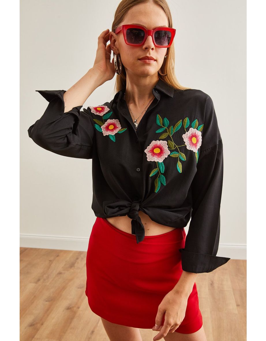 Women's Azalea Black Embroidery Detailed Oversize Woven Shirt - 6