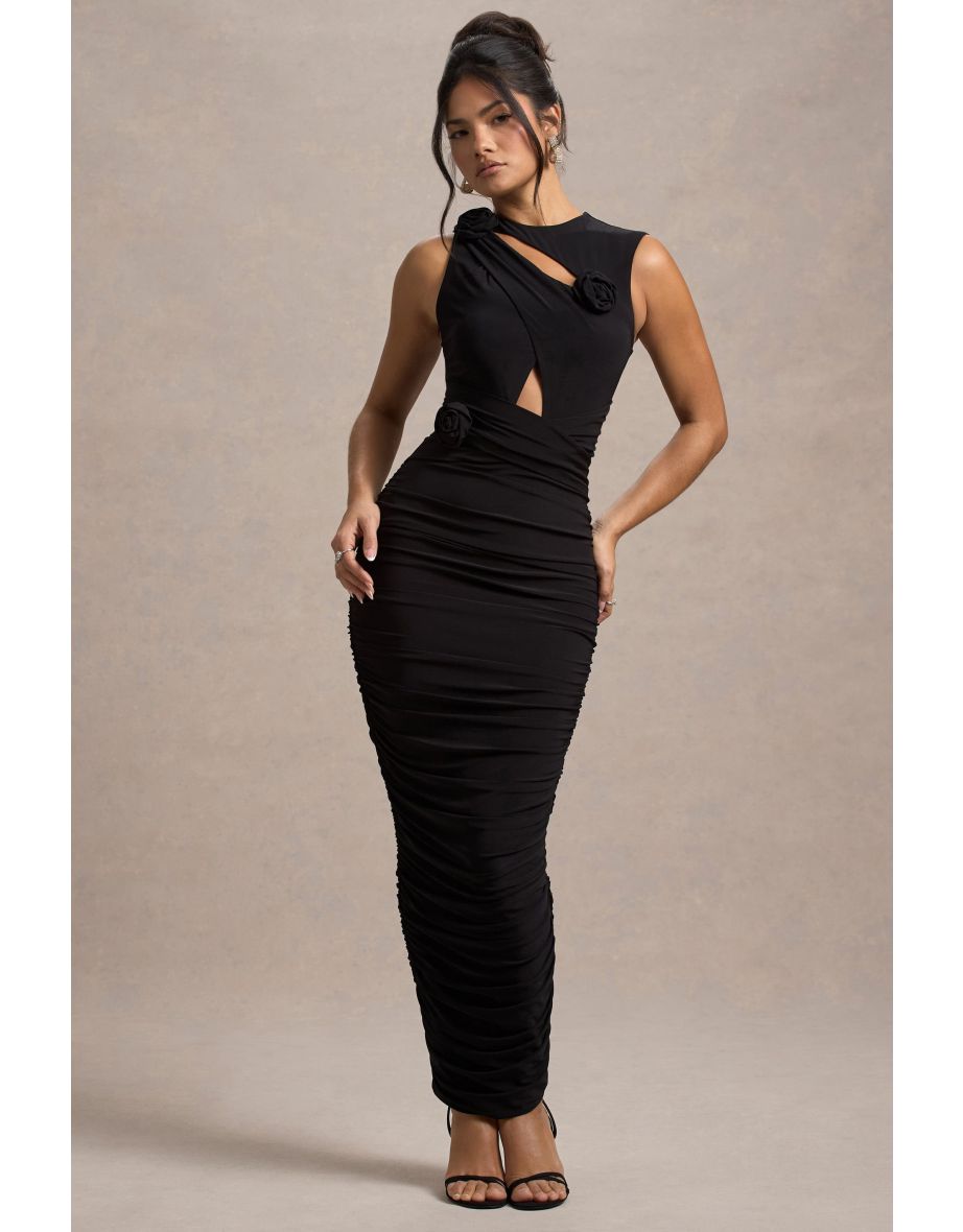 Audelia | Black Cut-Out Maxi Dress With Floral Corsages