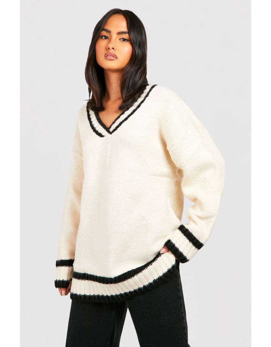 Deep V Knitted Cricket Jumper - cream - 3