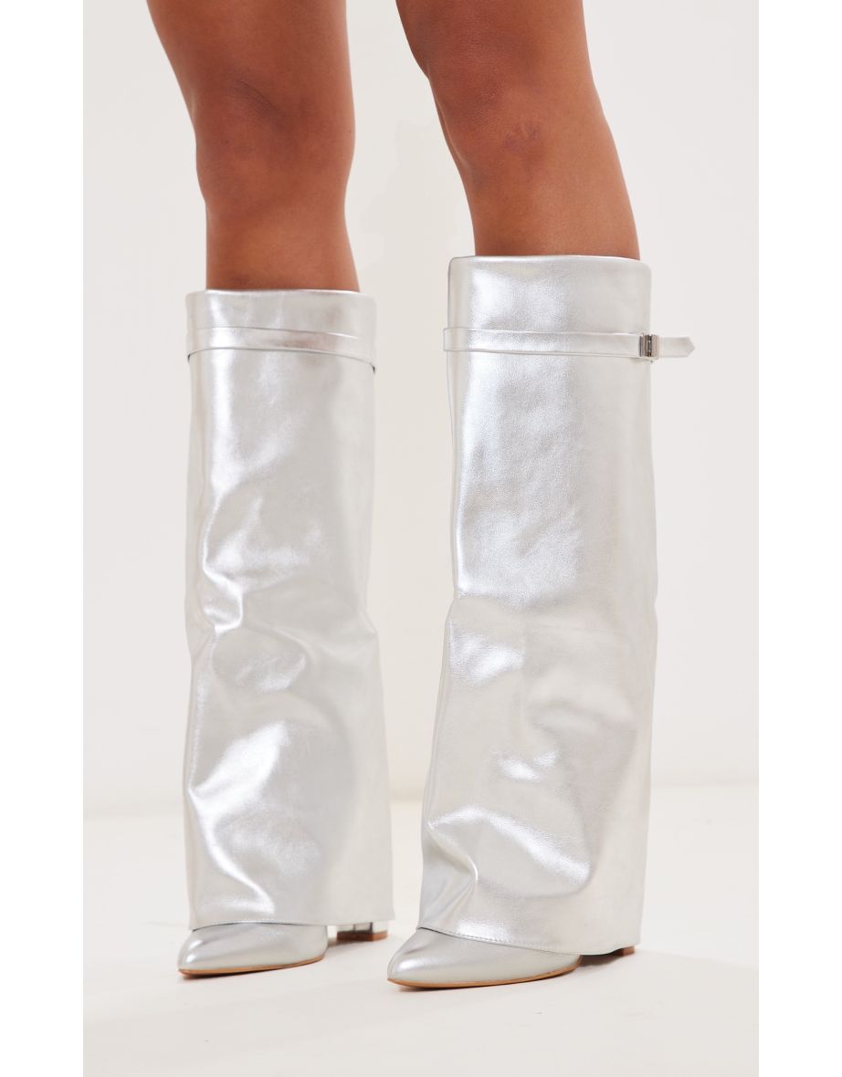 Silver Pu Matt Fold Over Knee Block Heeled Boots
