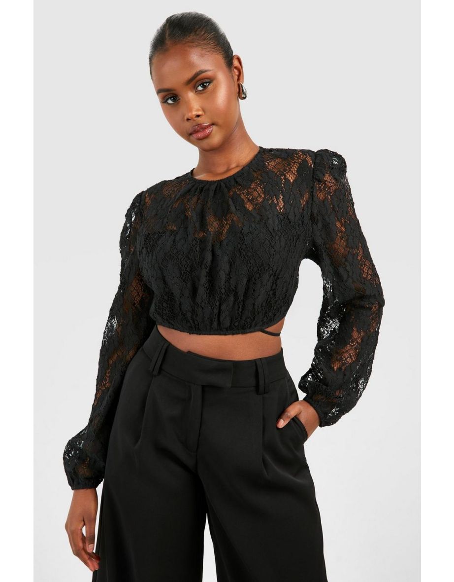 Lace Long Sleeve Crop Top - black