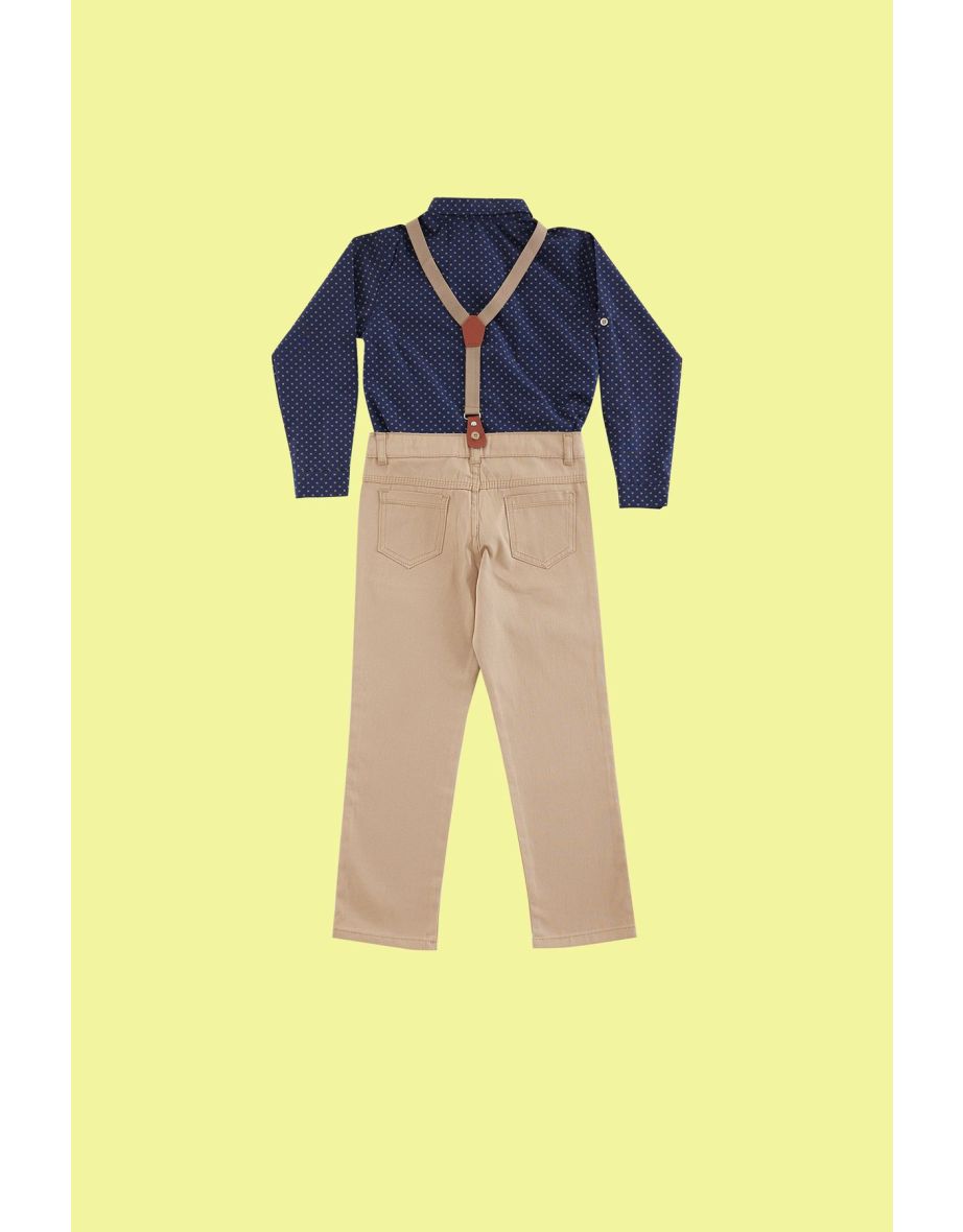 Navy Blue Boy Bow Tie Polka Dot Shirt Trousers Suspender Set - 2