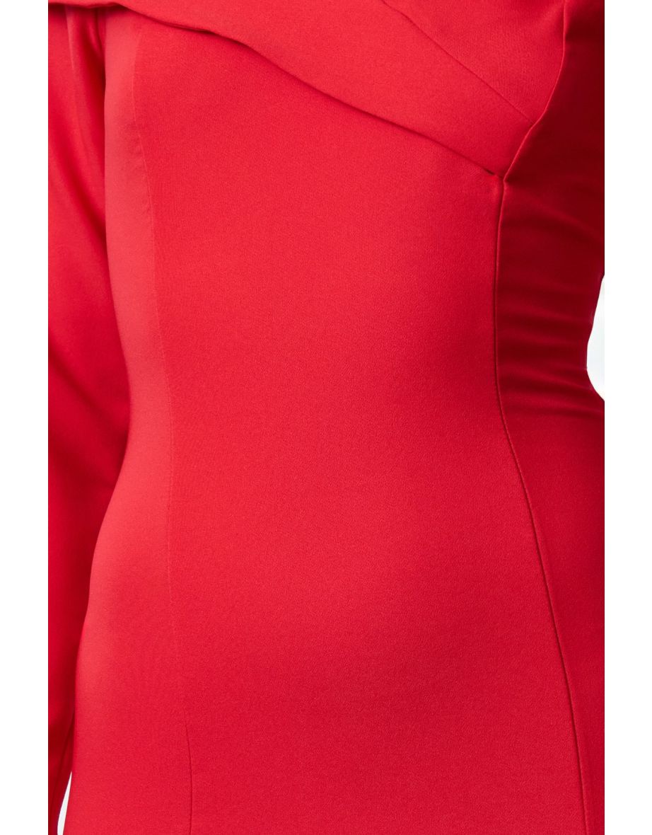 Red Body-Sit Carmen Collar Woven Short Dress - 4