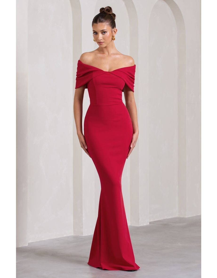 Dana | Red Bardot Dress With Short Gathered Sleeves - 4