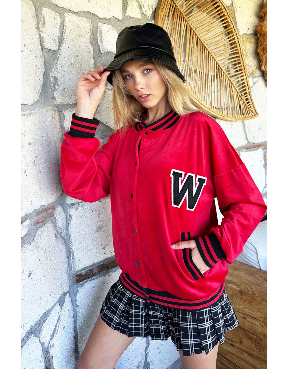 Women's Red W Embroidered Ribbed Corduroy Bomber Jacket