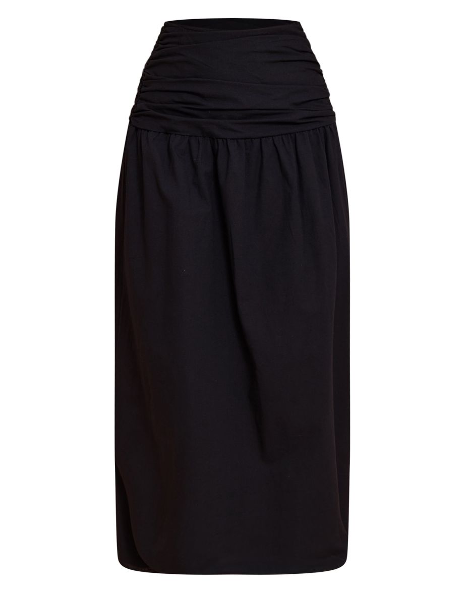 Black Cotton Ruched Waist Maxi Skirt - 4