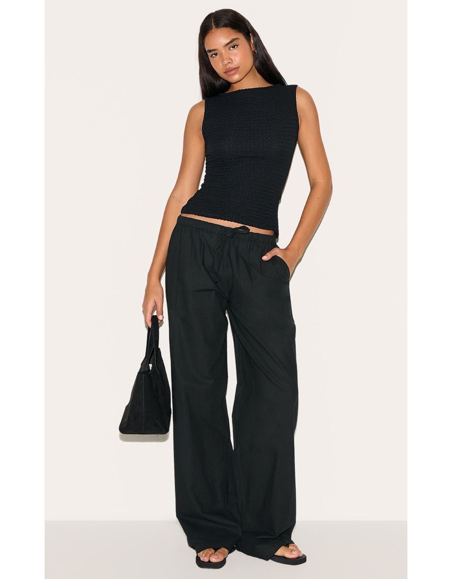 Tall Black Linen Drawstring Waist Trousers