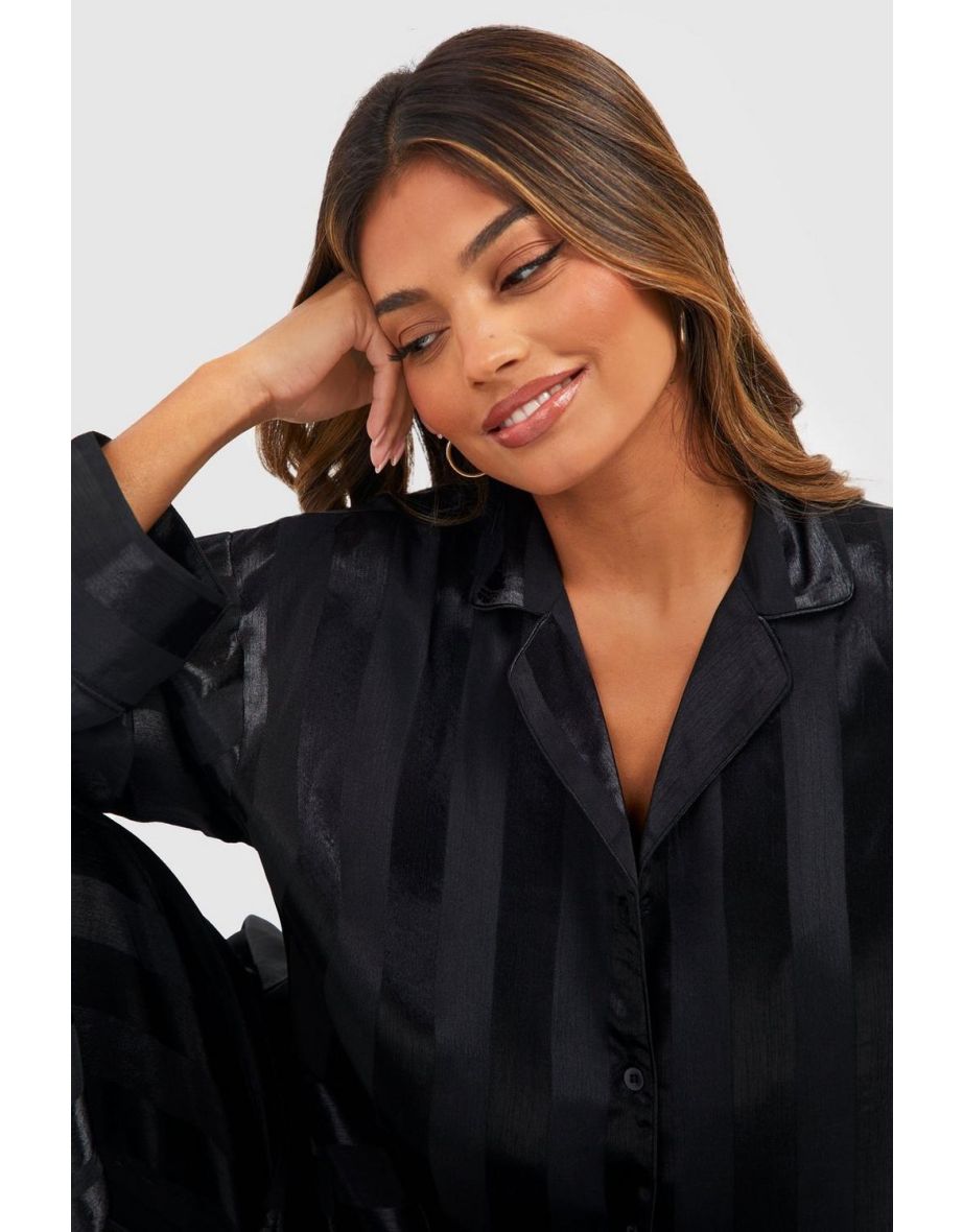 Premium Satin Stripe Double Pocket Pyjama Set - black - 3