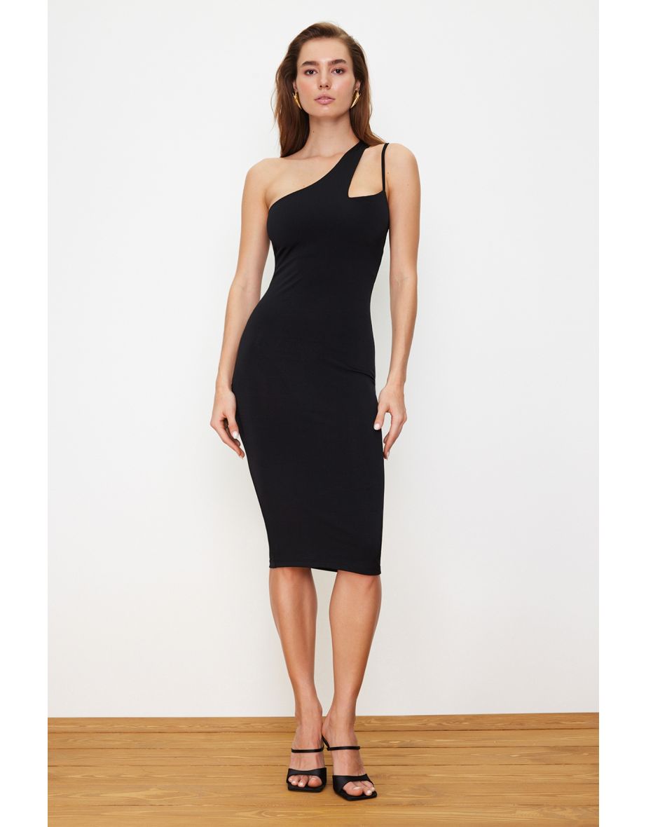 Black One Sleeve Fitted Midi Stretchy Knitted Midi Dress