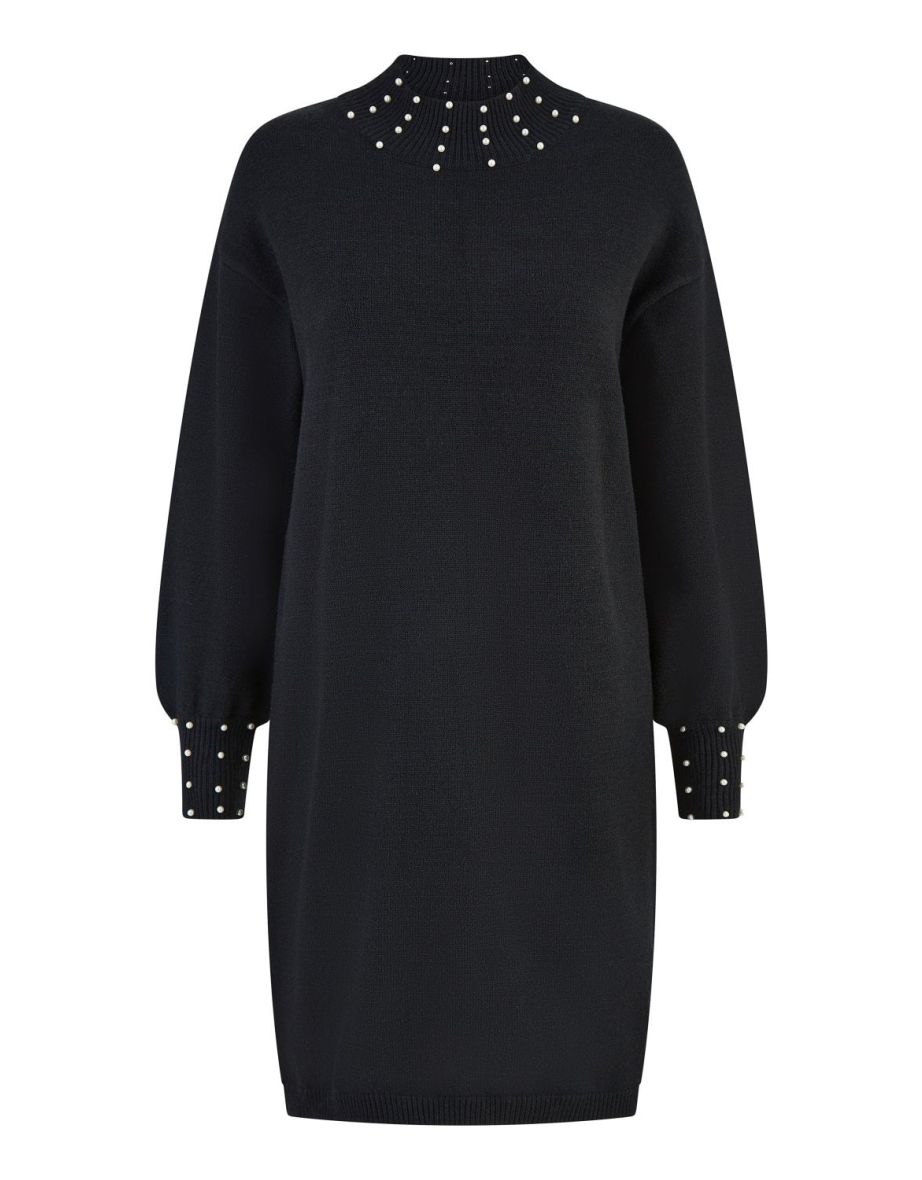 Mela Black Pearl Detail Knitted Relaxed Jumper Dress - 6