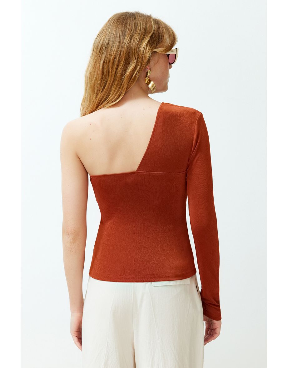 Tile Premium Shiny Finish and Soft Textured Gathering Detail Single Sleeve Knitted Blouse - 5