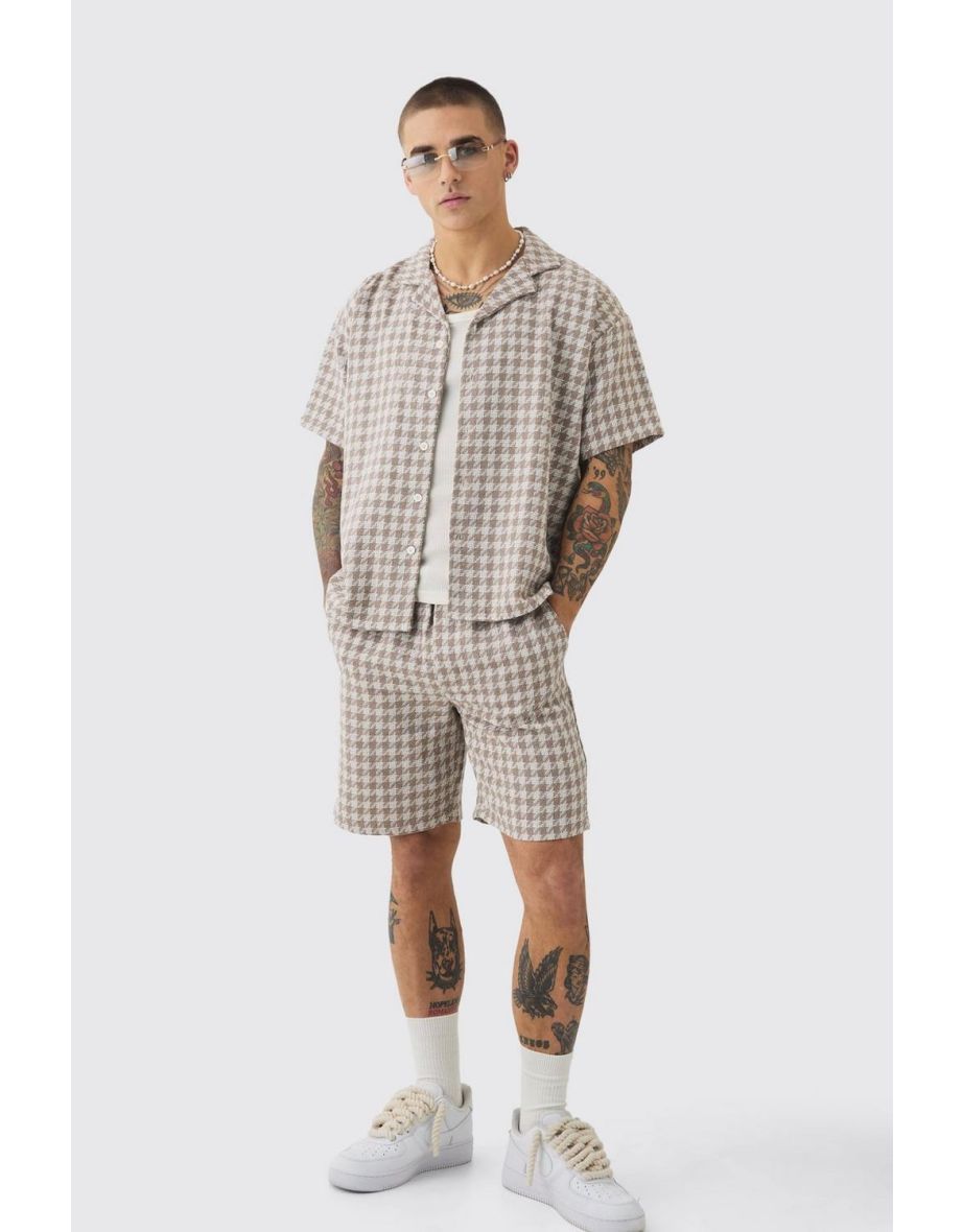 Short Sleeve Boxy Linen Look Houndstooth Shirt & Short