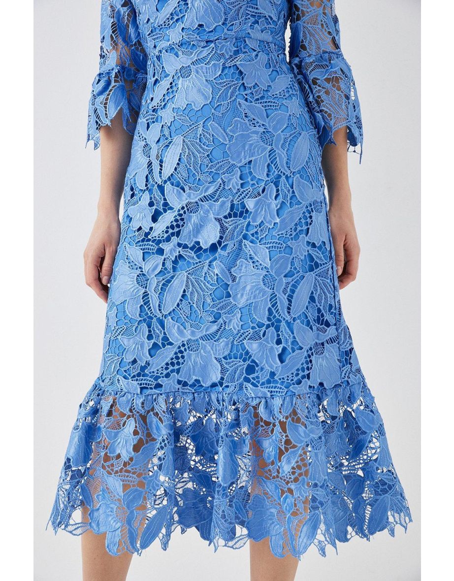 Satin Lace Long Sleeve Midi Dress - 3