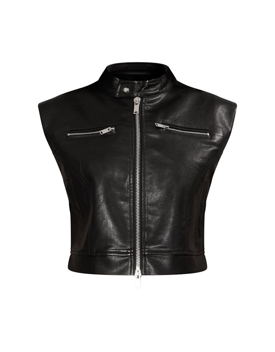 Petite Black Sleeveless Collared Faux Leather Gilet - 4
