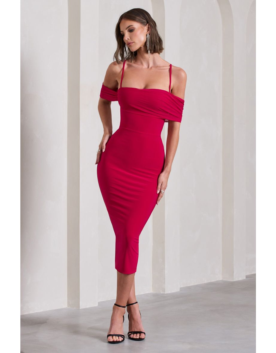 Bethan | Red Bodycon Strappy Mesh Bardot Midi Dress