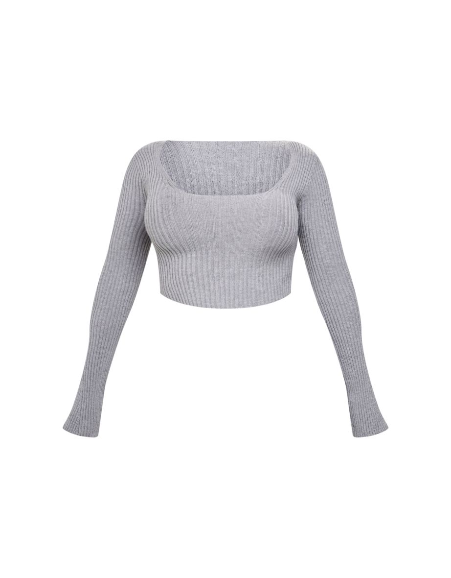 Shape Grey Knit Ribbed Long Sleeve Plunge Crop Top - 4