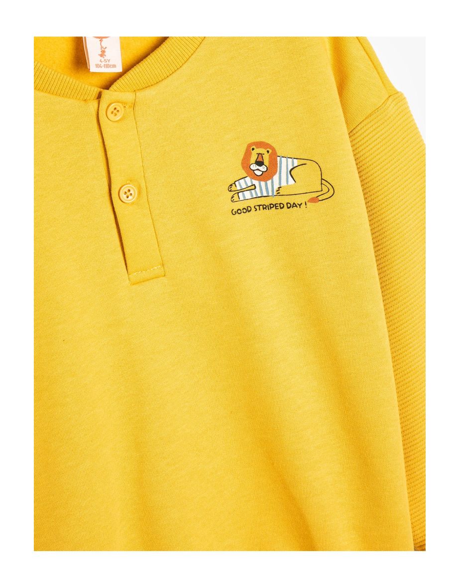 Sweatshirt Lion Printed Long Sleeve Crew Neck Button Detail Cotton - 2