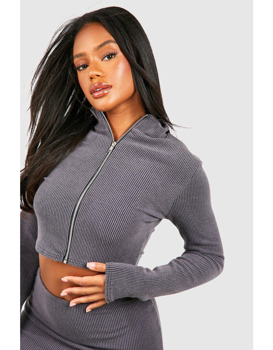 2 Tone Rib Zip Front Top & Micro Mini Skirt - charcoal - 3