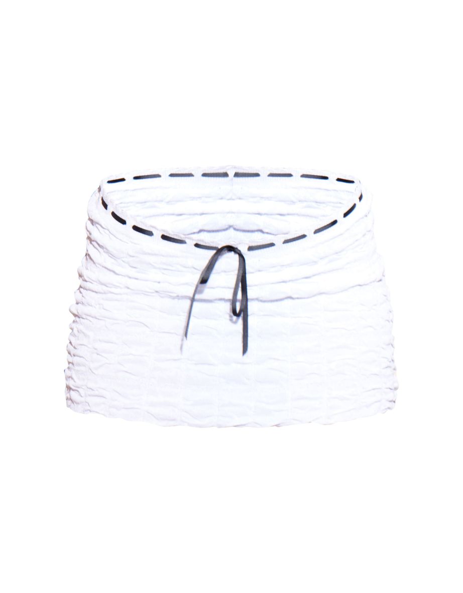 White Bubble Knit Ribbon Detail Mini Skirt - 5