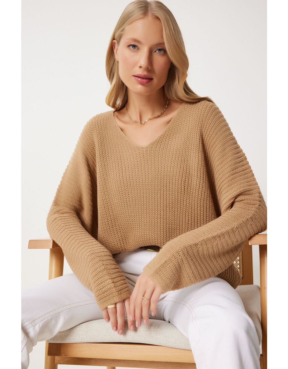 Women's Biscuit V-Neck Thessaloniki Knit Oversized Knitwear Sweater