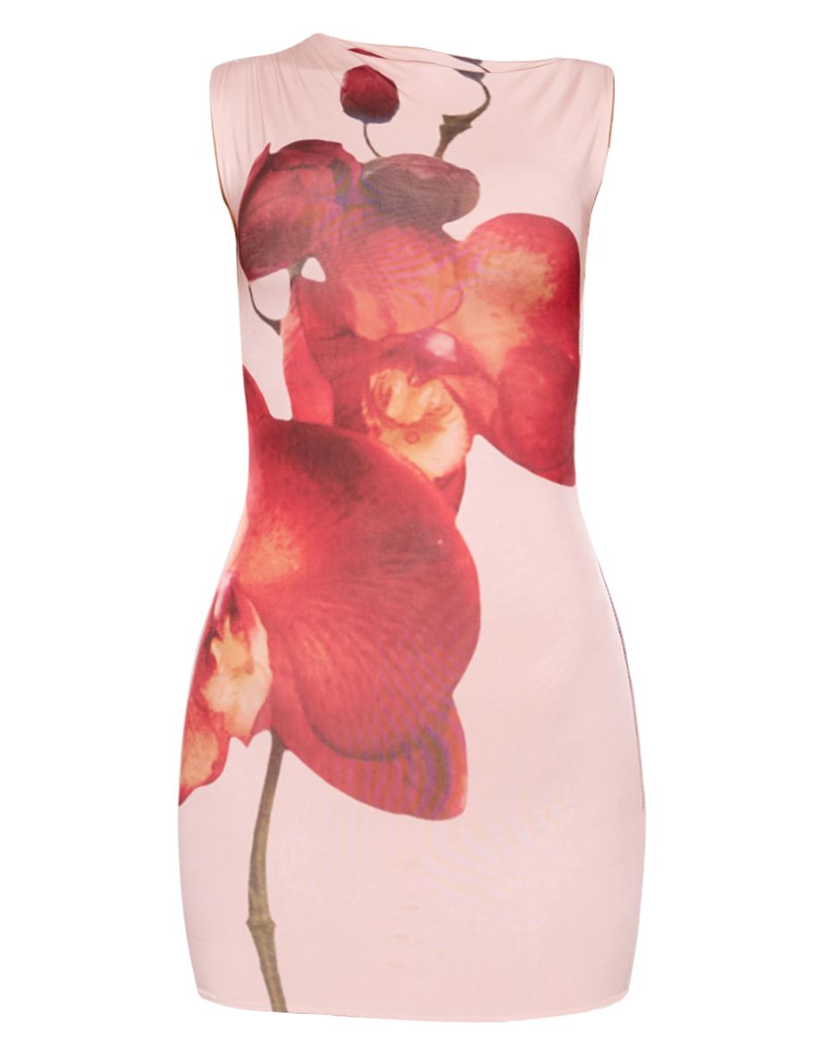Nude Floral Print Slinky Racer Neck Mini Dress - 4