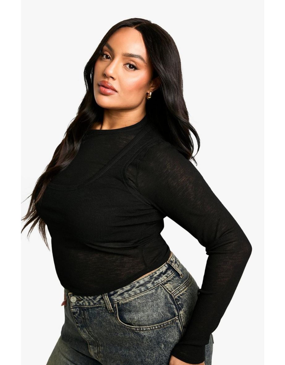Plus Textured Mesh 2 Layer Long Sleeve Top - 3