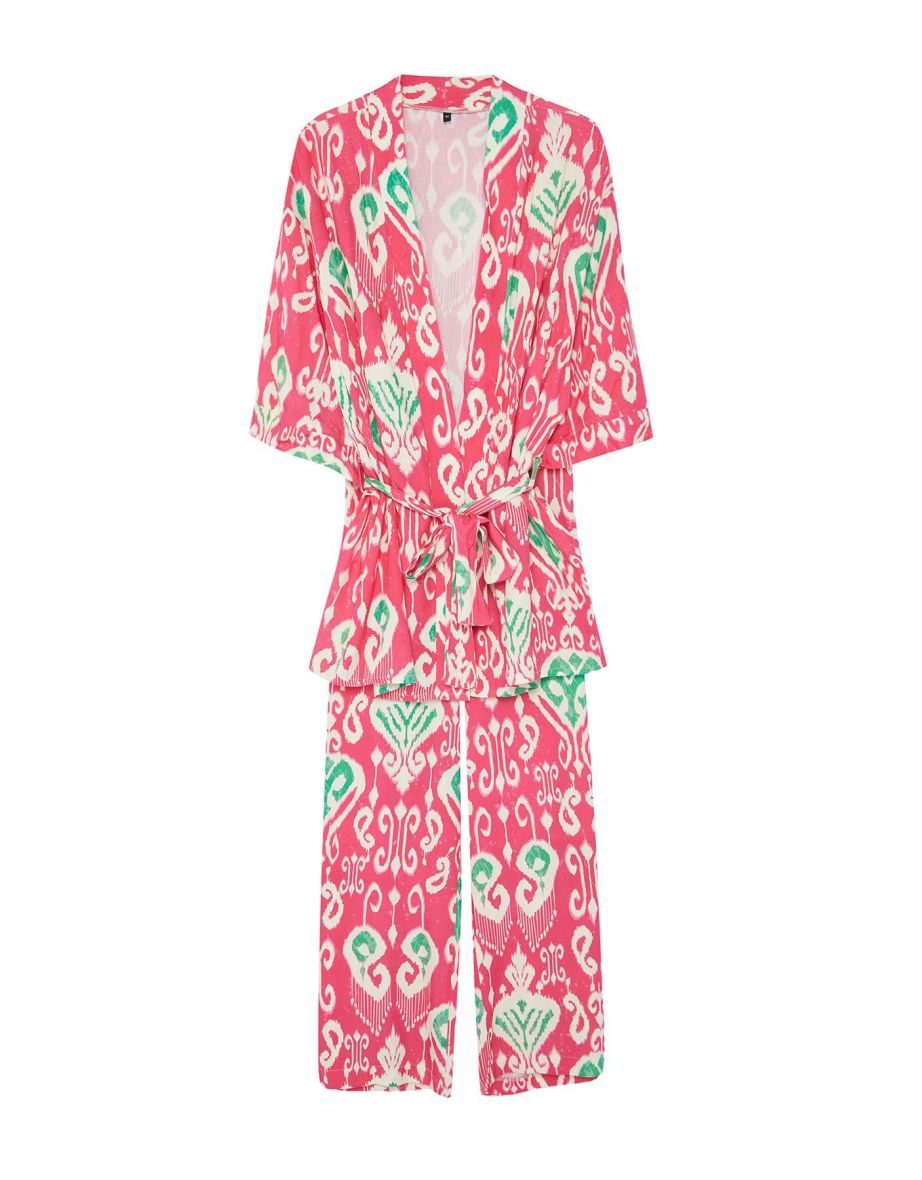 Ethnic Patterned Belted Woven Kimono Trouser Set - 8