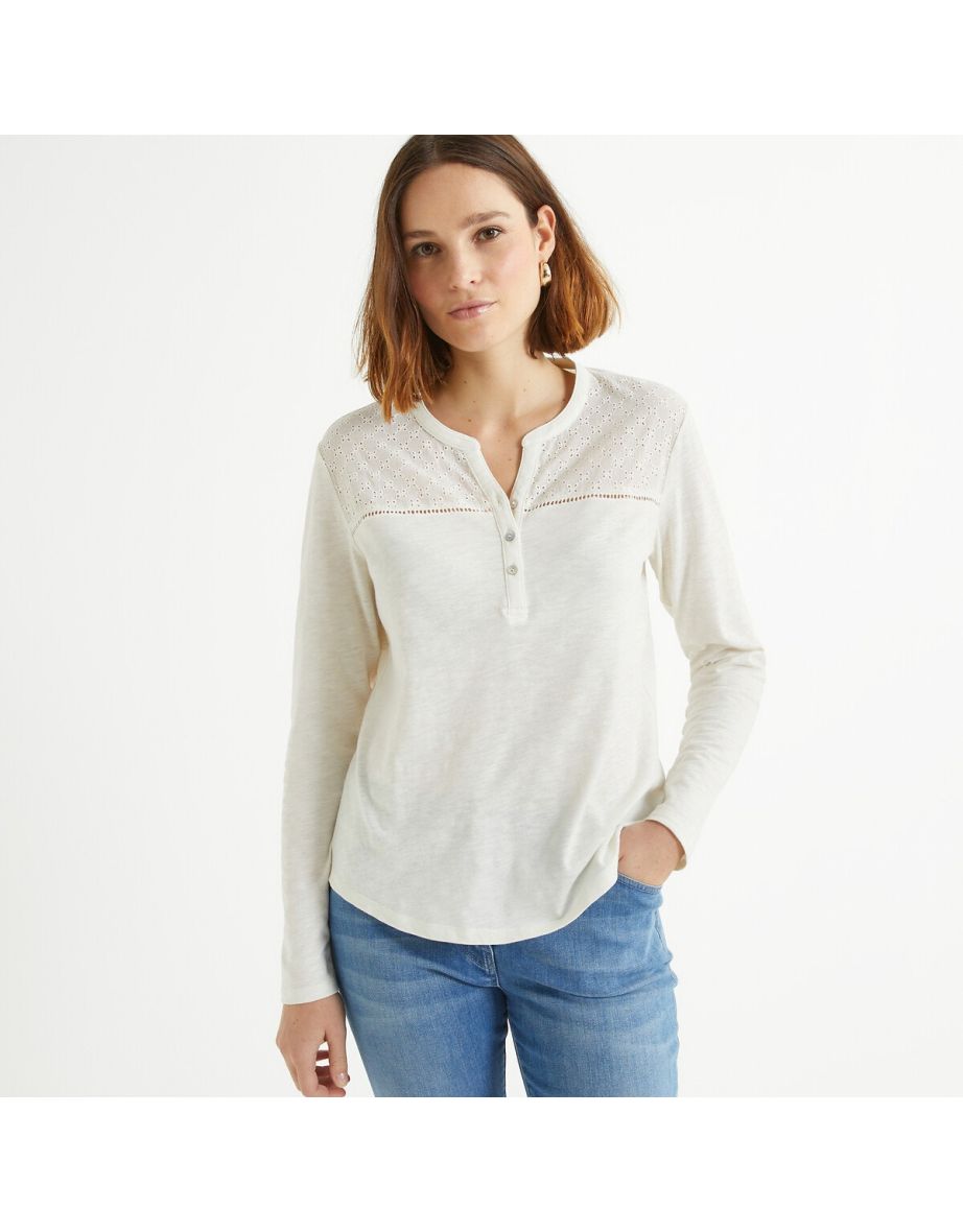 Cotton Grandad Collar T-Shirt with Long Sleeves - 4