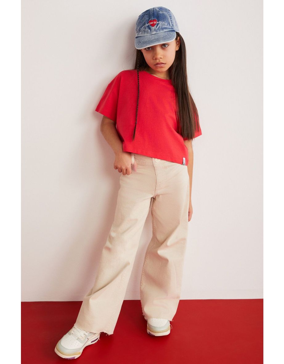 HEIDA-GRM24022- 100% cotton trim label girls kids short sleeve tshirt kids tshirt Red T-Shirt