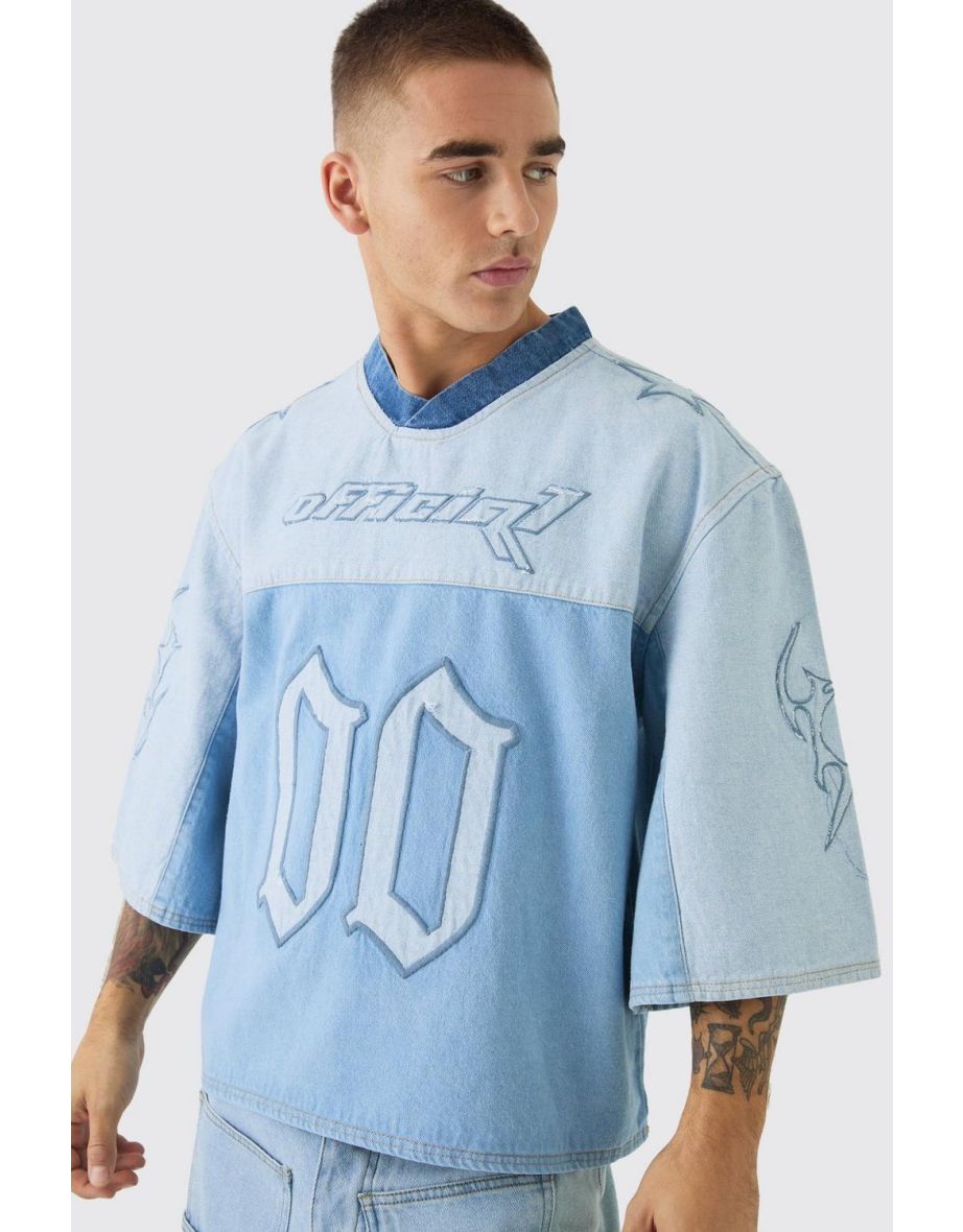 Oversized Embroidery Football Denim T-Shirt - light blue