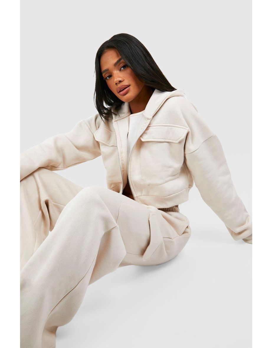 Cargo Pocket Cropped Hoodie Straight Leg Tracksuit - stone - 3
