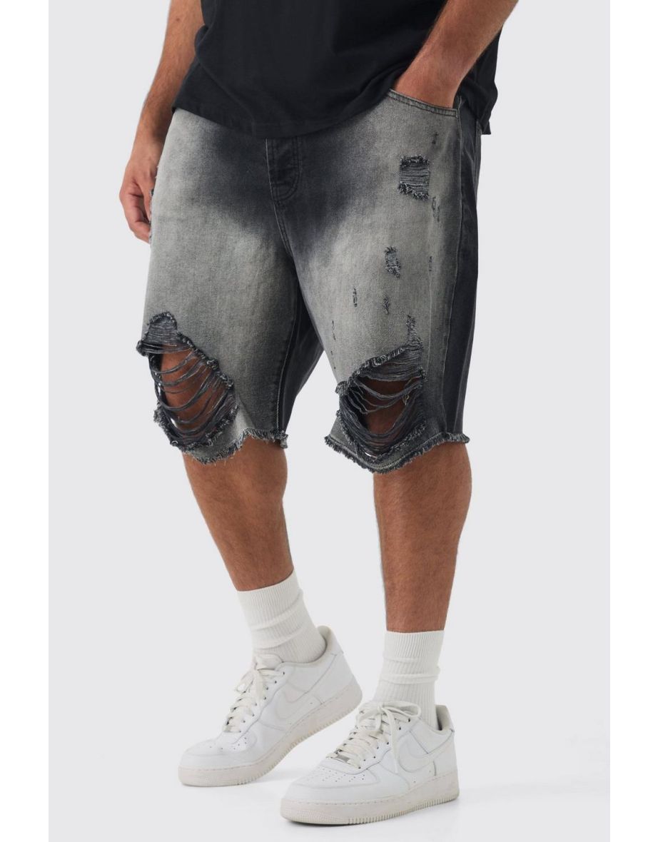 Plus Relaxed Rigid Long Length Ripped Denim Shorts In Washed Black - washed black