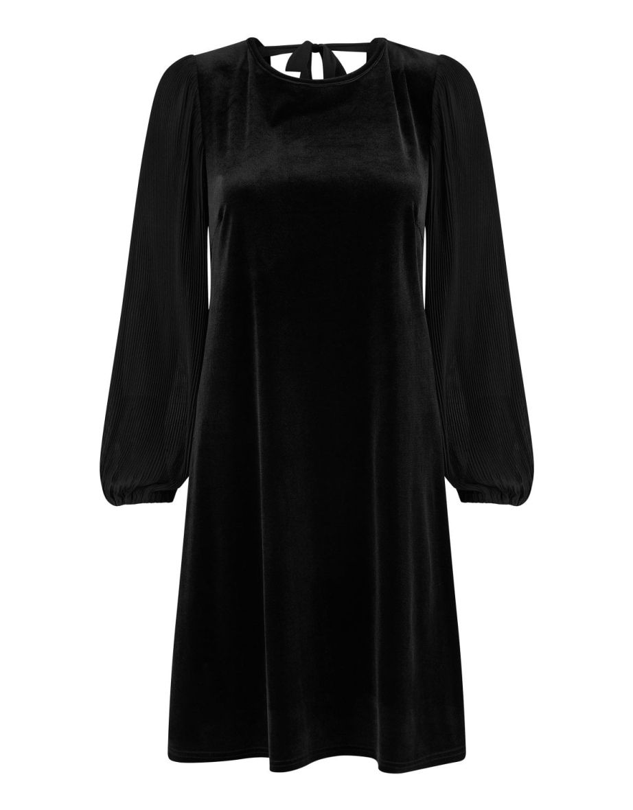 Yumi Black Velvet Tunic Dress with Pleated Balloon Sleeves And Tie Back - 10