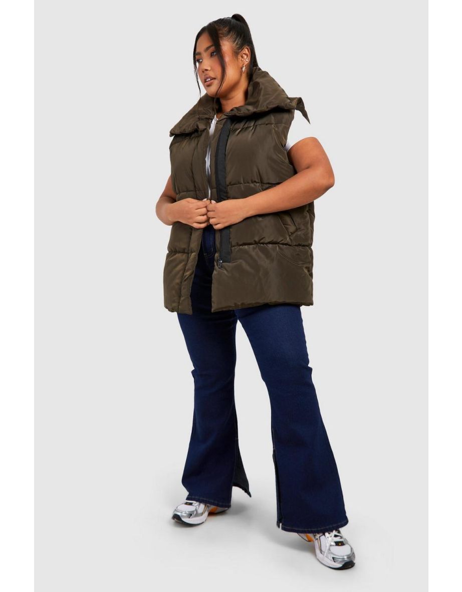 Plus Puffer Sleeveless Longline Gilet - khaki