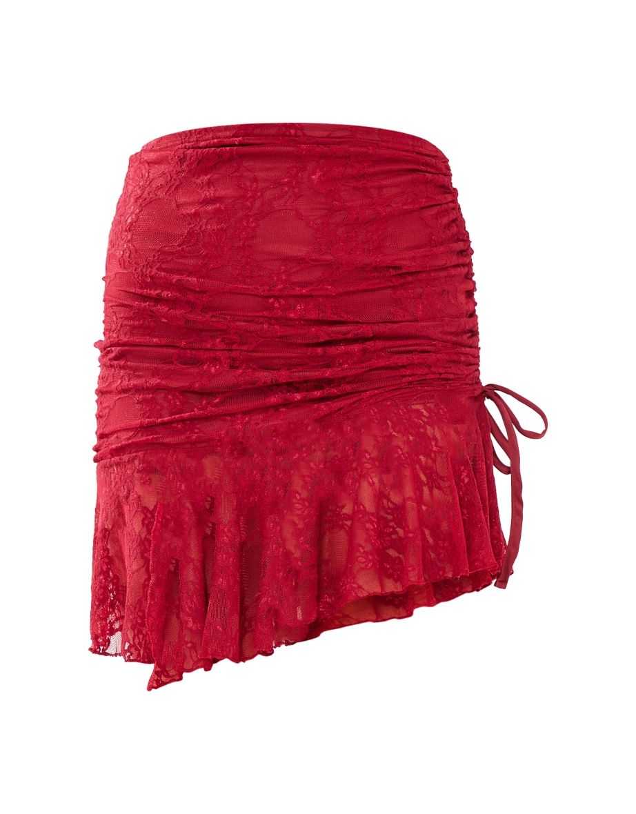 Dark Red Lace Ruched Side Frill Hem Midi Skirt - 4