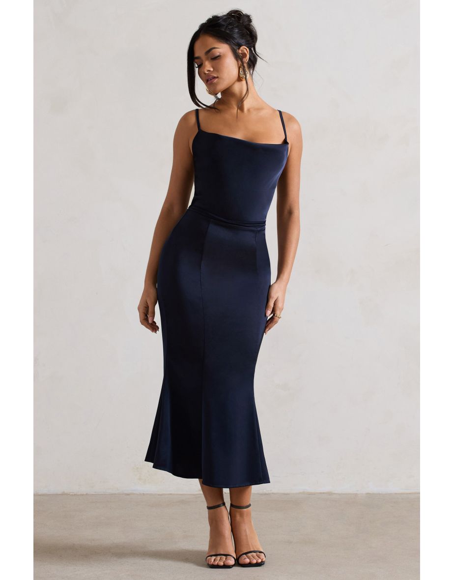 Just A Moment | Navy Satin Cowl-Neck Dress With Tie Waist