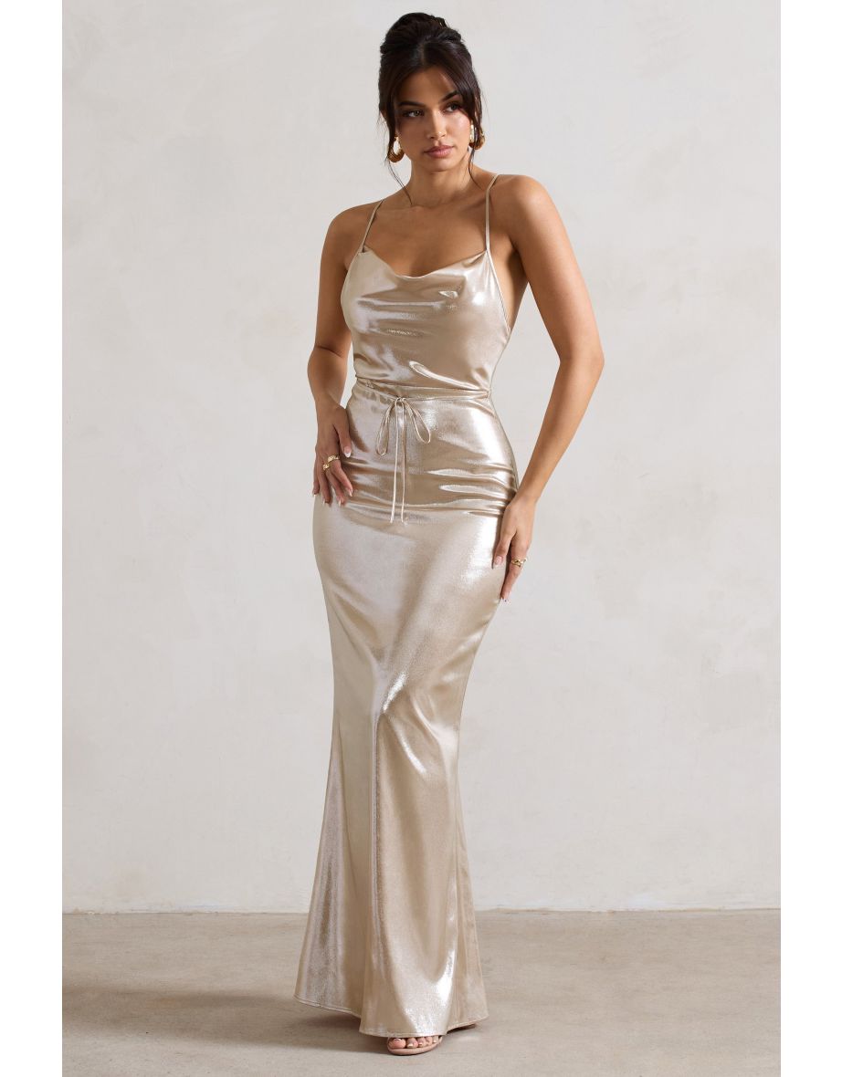 All In Time | Champagne Metallic Cowl-Neck Maxi Dress With Cross Back Detail - 4